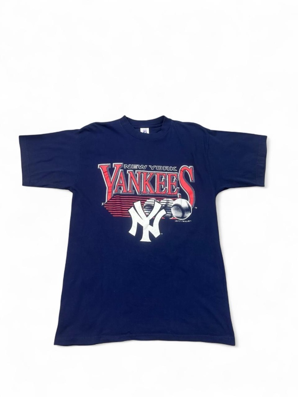Vintage 90s Logo 7 New York Yankees spellout logo tee navy blue L mens
